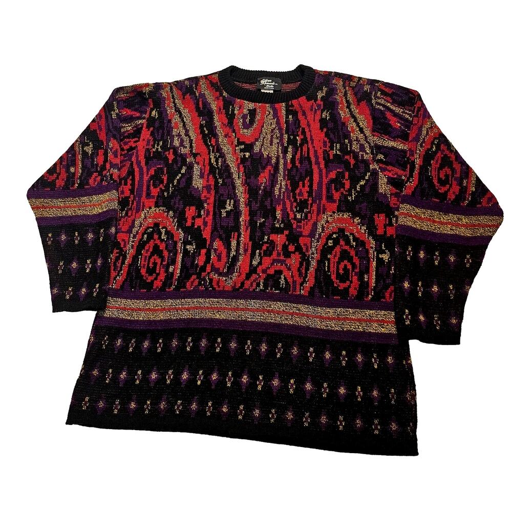 Vtg 90s Silver Threads Abstract Knit Sweater Sz Large Coogi Style Indie Retro 3D